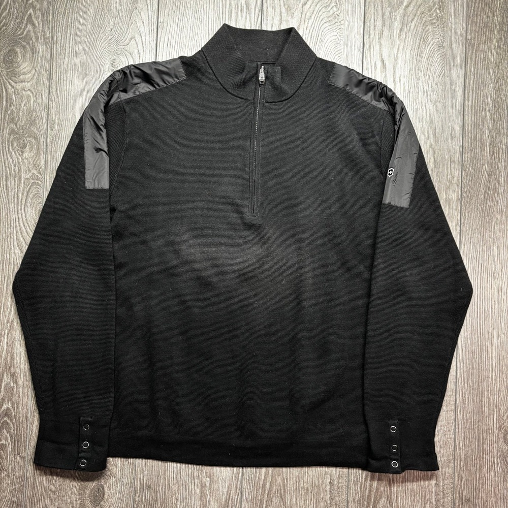 Victorinox Swiss Army Mens XXL Black 1/4 Zip Cotton Sweater Nylon Shoulder Patch